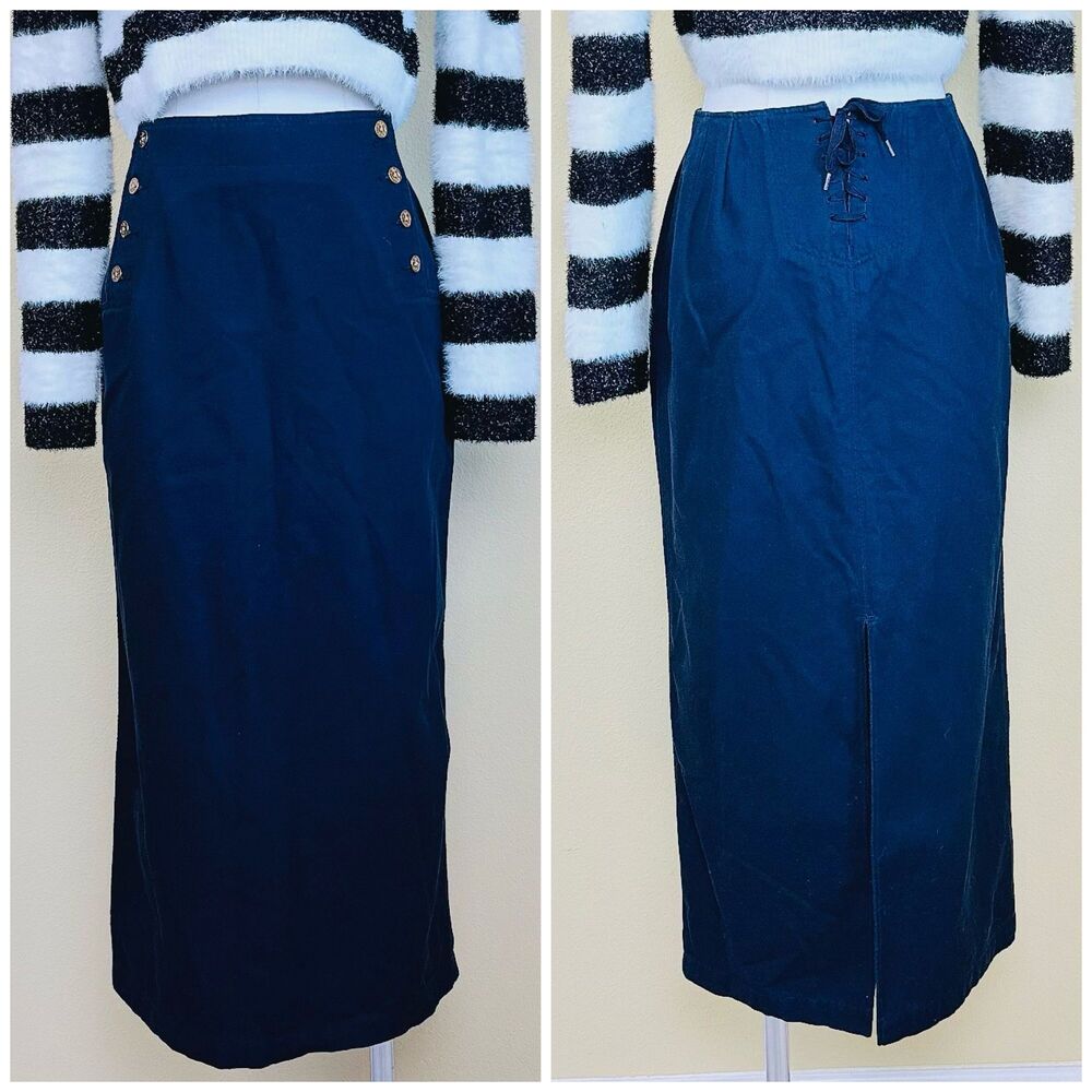 1990s Vintage Ralph Lauren Nautical Lace Back Skirt /Navy Pencil Skirt / Size 10